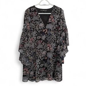 Zara Trafaluc Black Floral V-Neck Bell Sleeves Mini Dress | Small